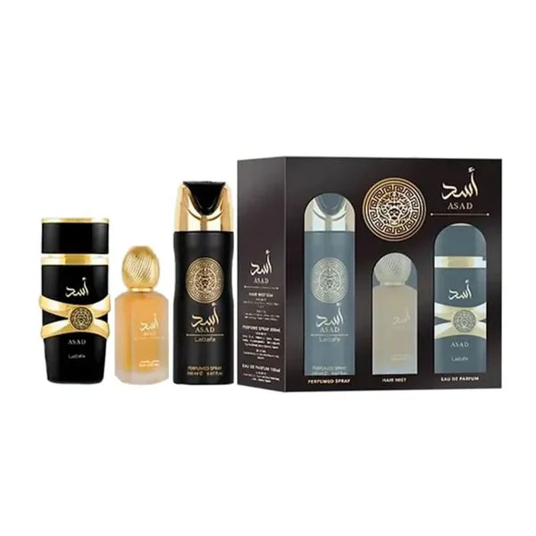 SET LATTAFA ASAD MEN (3 PIEZAS) 3.4 OZ EDP / 6.8 OZ PERFUME SPY / 1.7 OZ BRUMA PARA EL CABELLO SET ASAD 3 PIECES
